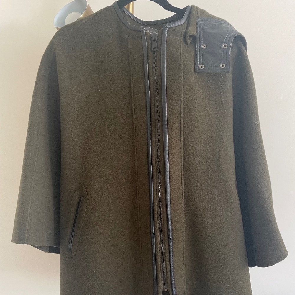 Vince Olive Green Wool & Leather Poncho Hood Cape